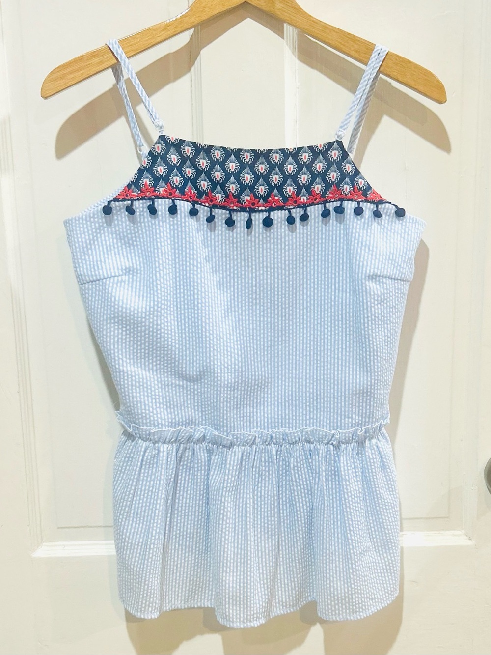 THML Seersucker Camisole Peplum Tank Top Coastal Preppy Summer Beach Size S
